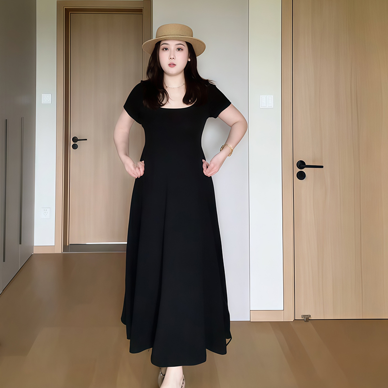 Plus-Size Women's French-Style Square-Neck Short Sleeve Dress - Flattering A-Line Design for Curvy Figures - Summer Essential Plus-Size Women's French-Style Square-Neck Short Sleeve Dress - Flattering A-Line Design for Curvy Figures - Summer Essential