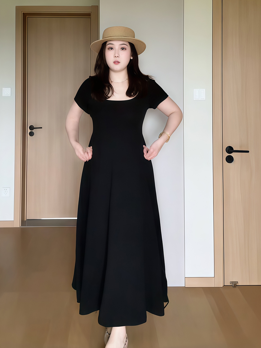 Plus-Size Women's French-Style Square-Neck Short Sleeve Dress - Flattering A-Line Design for Curvy Figures - Summer Essential Plus-Size Women's French-Style Square-Neck Short Sleeve Dress - Flattering A-Line Design for Curvy Figures - Summer Essential