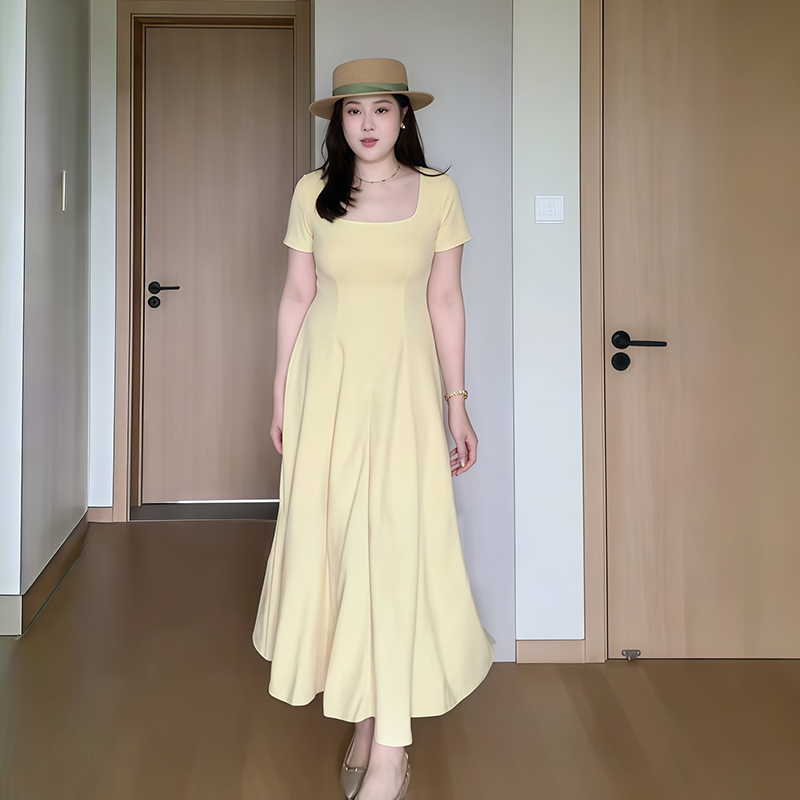 Plus-Size Women's French-Style Square-Neck Short Sleeve Dress - Flattering A-Line Design for Curvy Figures - Summer Essential Plus-Size Women's French-Style Square-Neck Short Sleeve Dress - Flattering A-Line Design for Curvy Figures - Summer Essential