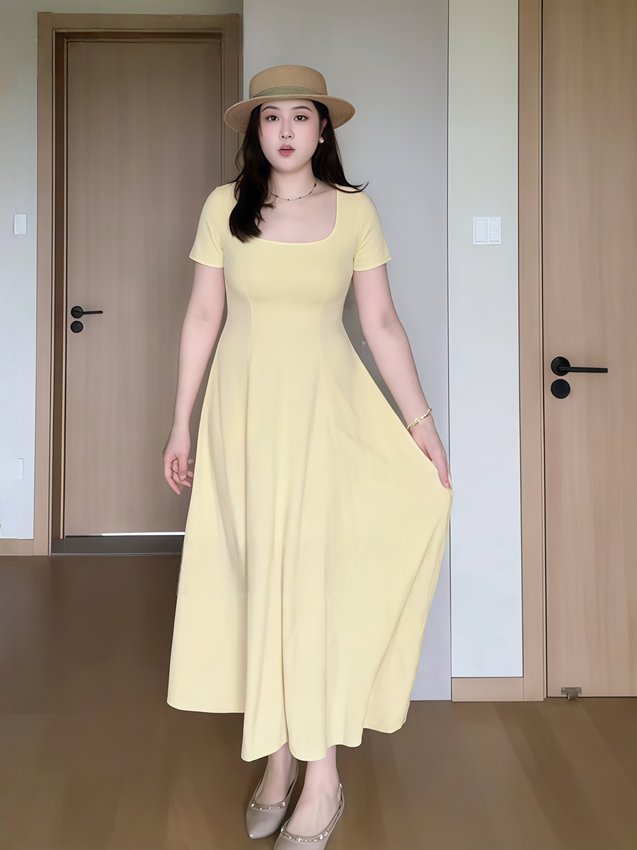 Plus-Size Women's French-Style Square-Neck Short Sleeve Dress - Flattering A-Line Design for Curvy Figures - Summer Essential Plus-Size Women's French-Style Square-Neck Short Sleeve Dress - Flattering A-Line Design for Curvy Figures - Summer Essential