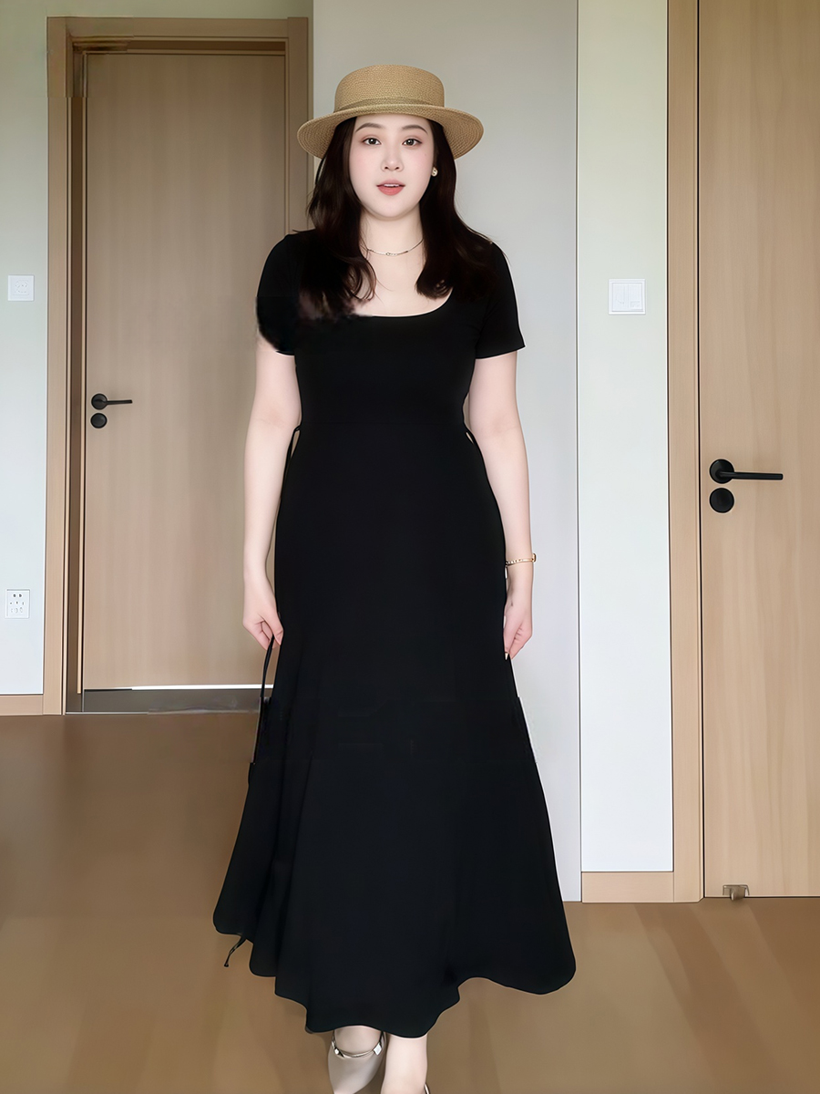 Plus-Size Women's French-Style Square-Neck Short Sleeve Dress - Flattering A-Line Design for Curvy Figures - Summer Essential Plus-Size Women's French-Style Square-Neck Short Sleeve Dress - Flattering A-Line Design for Curvy Figures - Summer Essential