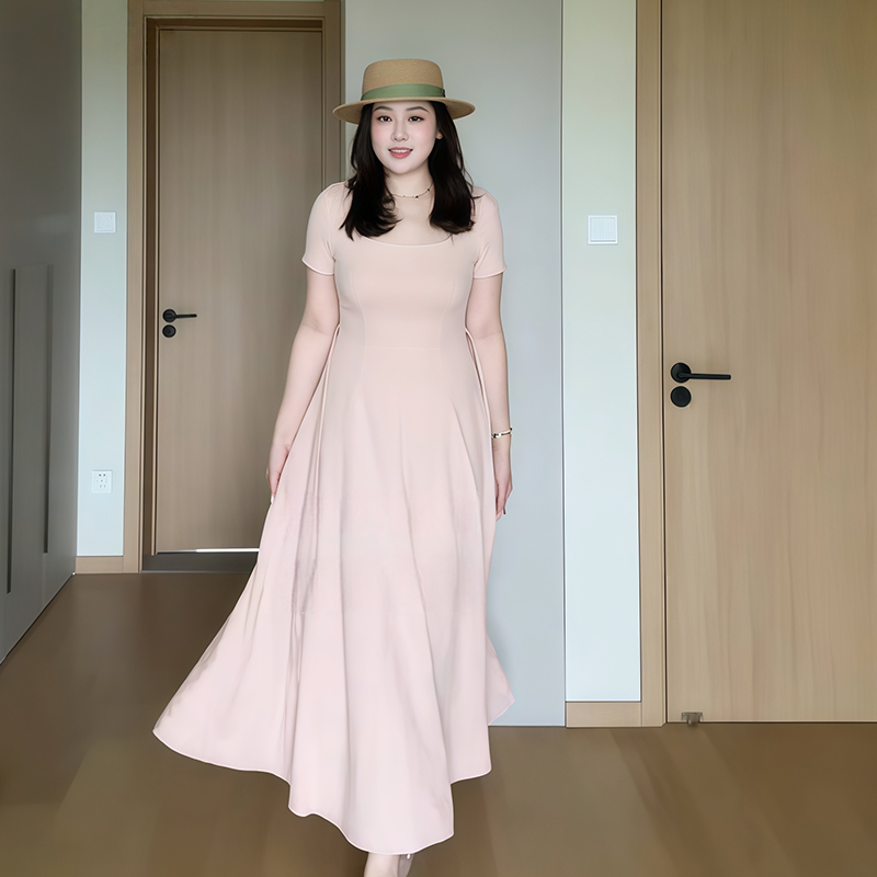 Plus-Size Women's French-Style Square-Neck Short Sleeve Dress - Flattering A-Line Design for Curvy Figures - Summer Essential Plus-Size Women's French-Style Square-Neck Short Sleeve Dress - Flattering A-Line Design for Curvy Figures - Summer Essential