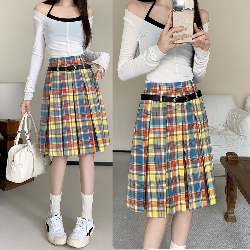 Plus Size Women's High-Waisted A-Line Colorful Plaid Pleated Skirt - Retro Checkered Mid-Length Style Plus Size Women's High-Waisted A-Line Colorful Plaid Pleated Skirt - Retro Checkered Mid-Length Style