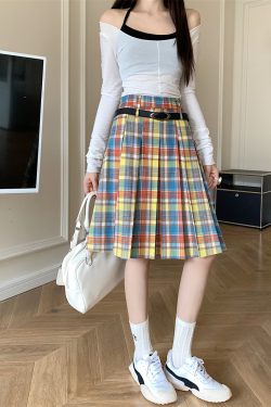 Plus Size Women's High-Waisted A-Line Colorful Plaid Pleated Skirt - Retro Checkered Mid-Length Style