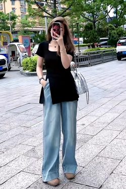 Plus Size Women's Ice Silk Side-Slit T-Shirt - Slimming Knitted Summer Top for Chubby Figures, Versatile and Stylish