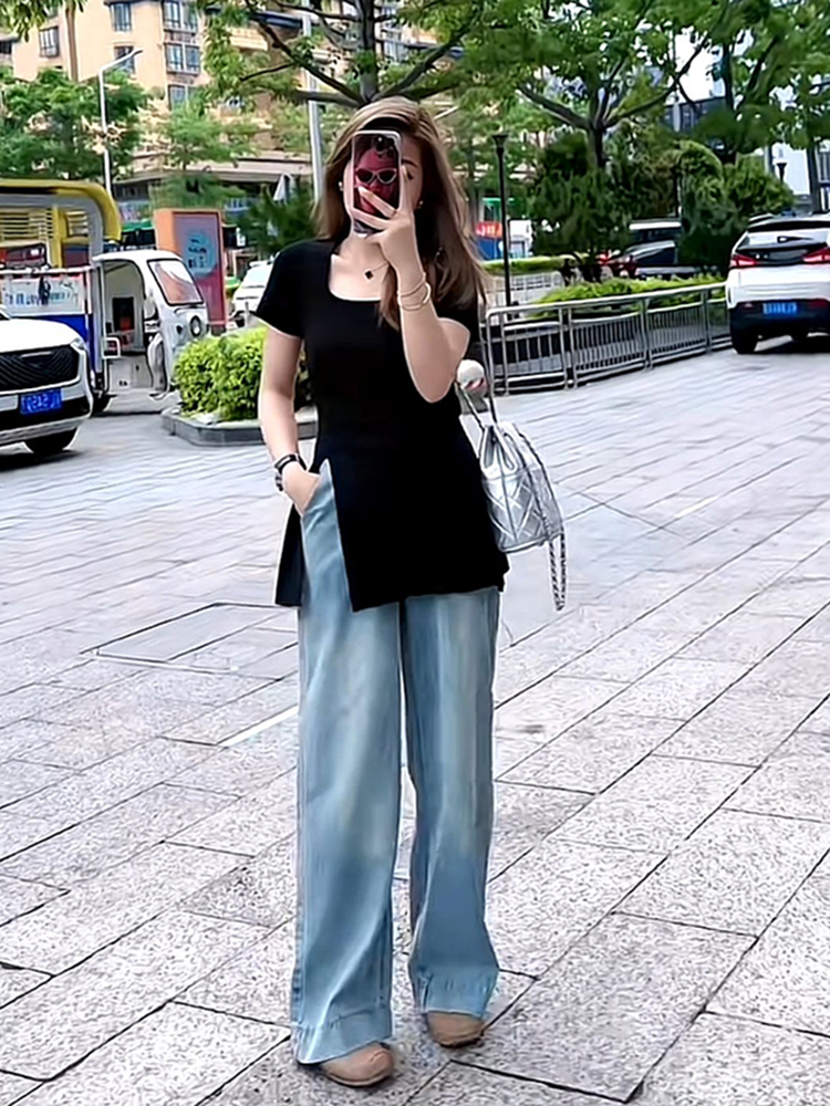 Plus Size Women's Ice Silk Side-Slit T-Shirt - Slimming Knitted Summer Top for Chubby Figures, Versatile and Stylish Plus Size Women's Ice Silk Side-Slit T-Shirt - Slimming Knitted Summer Top for Chubby Figures, Versatile and Stylish