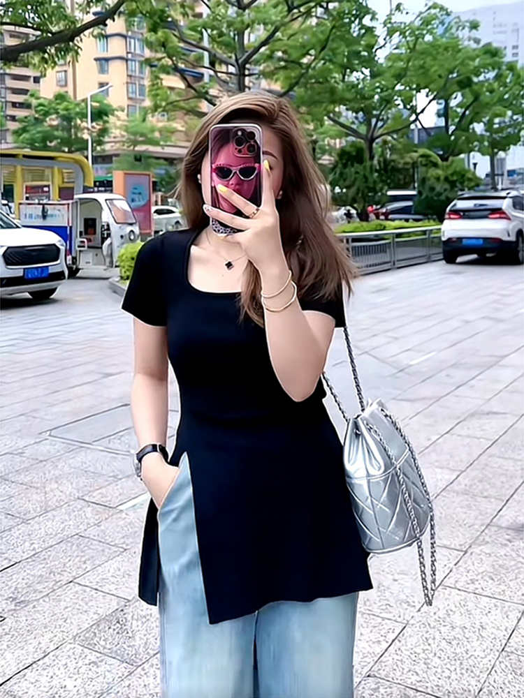 Plus Size Women's Ice Silk Side-Slit T-Shirt - Slimming Knitted Summer Top for Chubby Figures, Versatile and Stylish Plus Size Women's Ice Silk Side-Slit T-Shirt - Slimming Knitted Summer Top for Chubby Figures, Versatile and Stylish