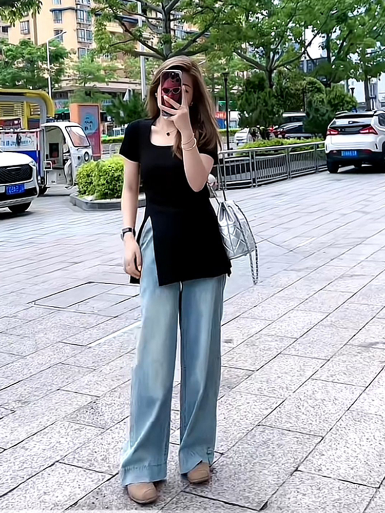 Plus Size Women's Ice Silk Side-Slit T-Shirt - Slimming Knitted Summer Top for Chubby Figures, Versatile and Stylish Plus Size Women's Ice Silk Side-Slit T-Shirt - Slimming Knitted Summer Top for Chubby Figures, Versatile and Stylish