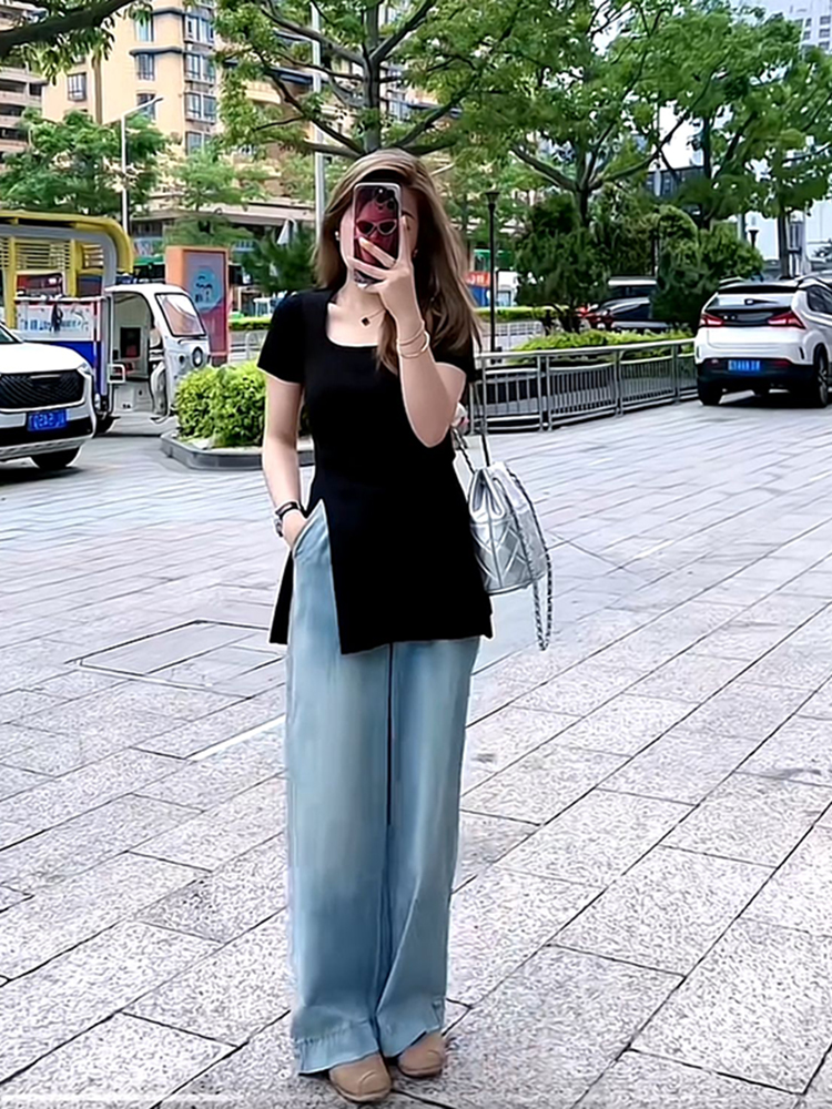 Plus Size Women's Ice Silk Side-Slit T-Shirt - Slimming Knitted Summer Top for Chubby Figures, Versatile and Stylish Plus Size Women's Ice Silk Side-Slit T-Shirt - Slimming Knitted Summer Top for Chubby Figures, Versatile and Stylish