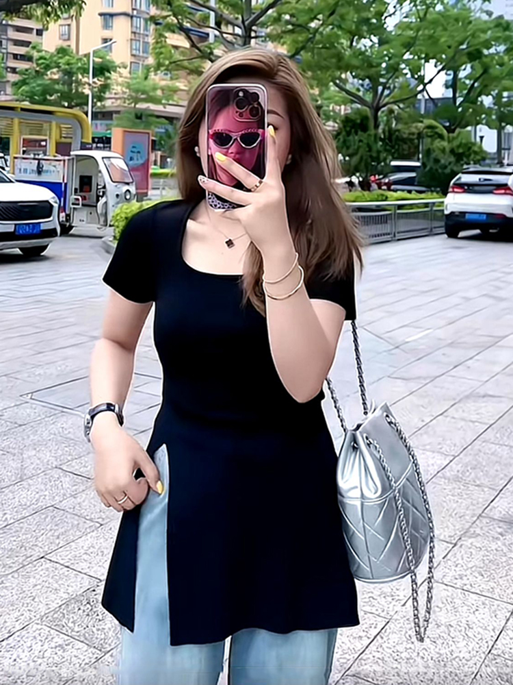 Plus Size Women's Ice Silk Side-Slit T-Shirt - Slimming Knitted Summer Top for Chubby Figures, Versatile and Stylish Plus Size Women's Ice Silk Side-Slit T-Shirt - Slimming Knitted Summer Top for Chubby Figures, Versatile and Stylish