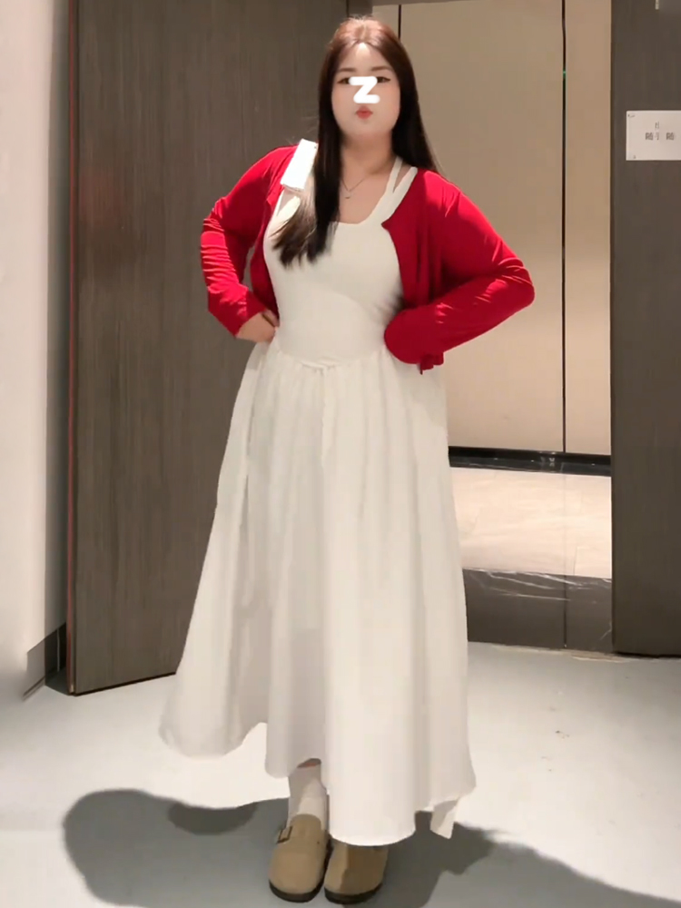 Plus-Size Women's Korean-Style Camisole Dress and Knitted Cardigan Set - 2025 Early Spring Collection Plus-Size Women's Korean-Style Camisole Dress and Knitted Cardigan Set - 2025 Early Spring Collection