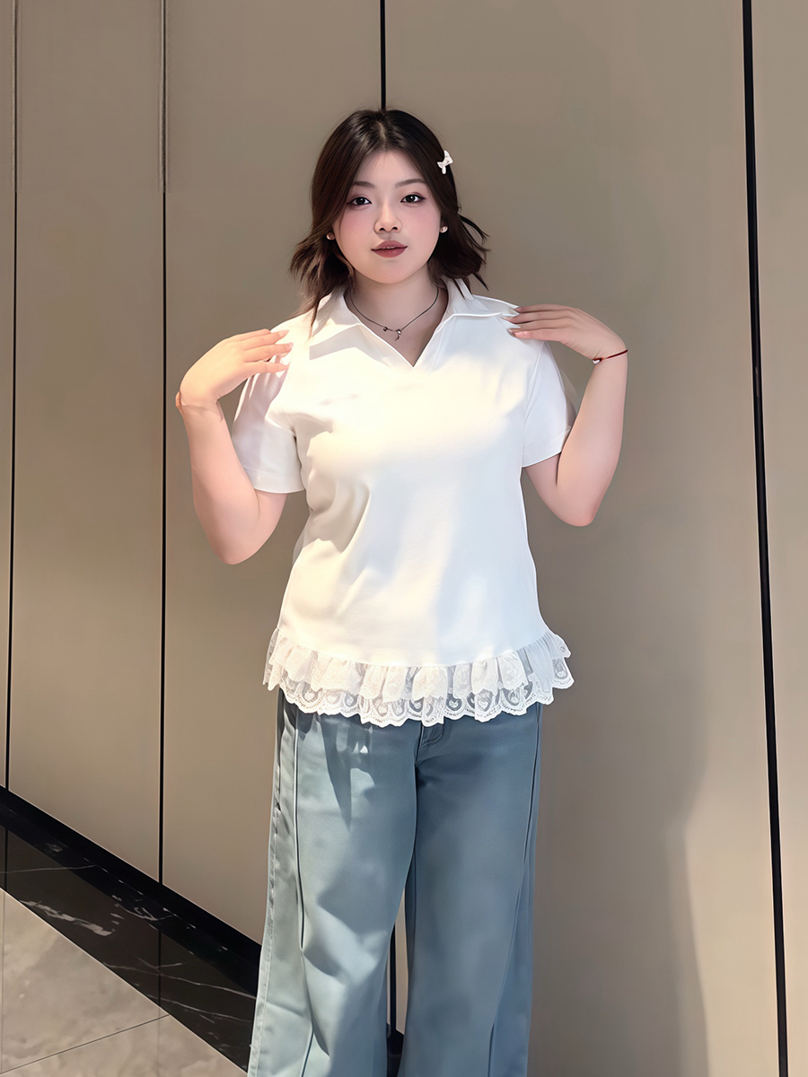 Plus-Size Women's Lace Patchwork Bow Short-Sleeve T-Shirt - Summer Sweet Slimming Lapel Top for Curvy Girls Plus-Size Women's Lace Patchwork Bow Short-Sleeve T-Shirt - Summer Sweet Slimming Lapel Top for Curvy Girls