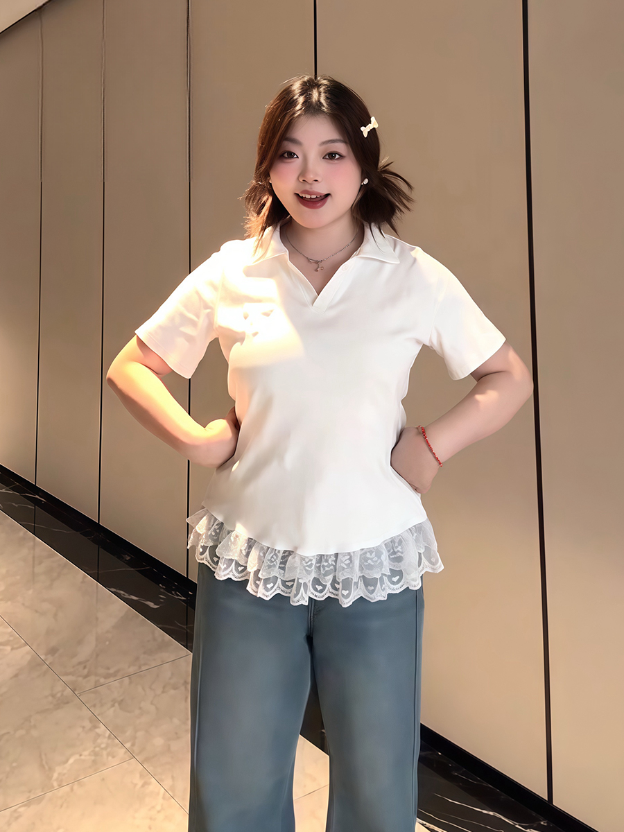 Plus-Size Women's Lace Patchwork Bow Short-Sleeve T-Shirt - Summer Sweet Slimming Lapel Top for Curvy Girls Plus-Size Women's Lace Patchwork Bow Short-Sleeve T-Shirt - Summer Sweet Slimming Lapel Top for Curvy Girls
