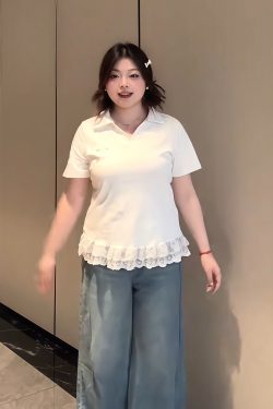 Plus-Size Women's Lace Patchwork Bow Short-Sleeve T-Shirt - Summer Sweet Slimming Lapel Top for Curvy Girls