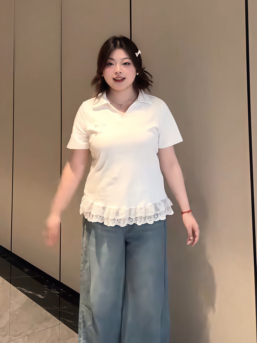 Plus-Size Women's Lace Patchwork Bow Short-Sleeve T-Shirt - Summer Sweet Slimming Lapel Top for Curvy Girls Plus-Size Women's Lace Patchwork Bow Short-Sleeve T-Shirt - Summer Sweet Slimming Lapel Top for Curvy Girls