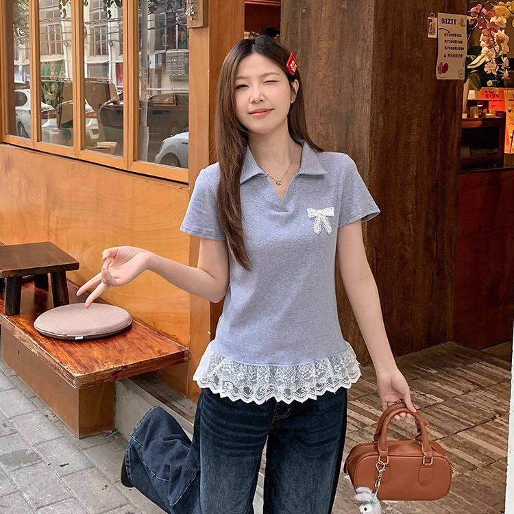 Plus-Size Women's Lace Patchwork Bow Short-Sleeve T-Shirt - Summer Sweet Slimming Lapel Top for Curvy Girls Plus-Size Women's Lace Patchwork Bow Short-Sleeve T-Shirt - Summer Sweet Slimming Lapel Top for Curvy Girls