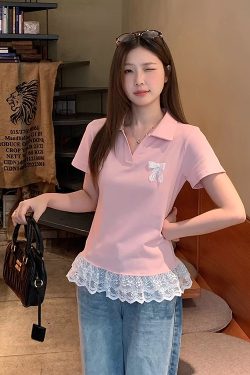 Plus-Size Women's Lace Patchwork Bow Short-Sleeve T-Shirt - Summer Sweet Slimming Lapel Top for Curvy Girls