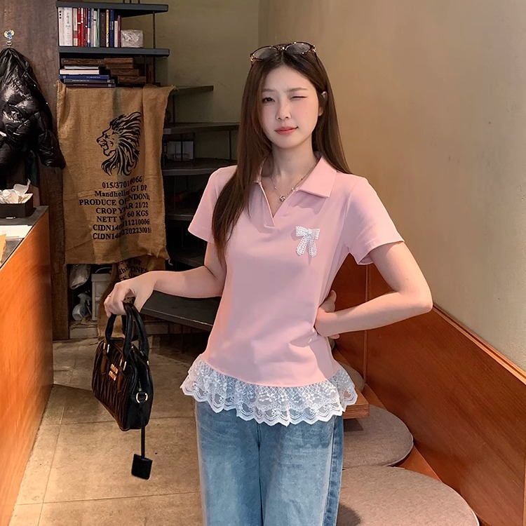 Plus-Size Women's Lace Patchwork Bow Short-Sleeve T-Shirt - Summer Sweet Slimming Lapel Top for Curvy Girls Plus-Size Women's Lace Patchwork Bow Short-Sleeve T-Shirt - Summer Sweet Slimming Lapel Top for Curvy Girls