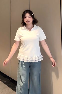 Plus-Size Women's Lace Patchwork Bow Short-Sleeve T-Shirt - Summer Sweet Slimming Lapel Top for Curvy Girls