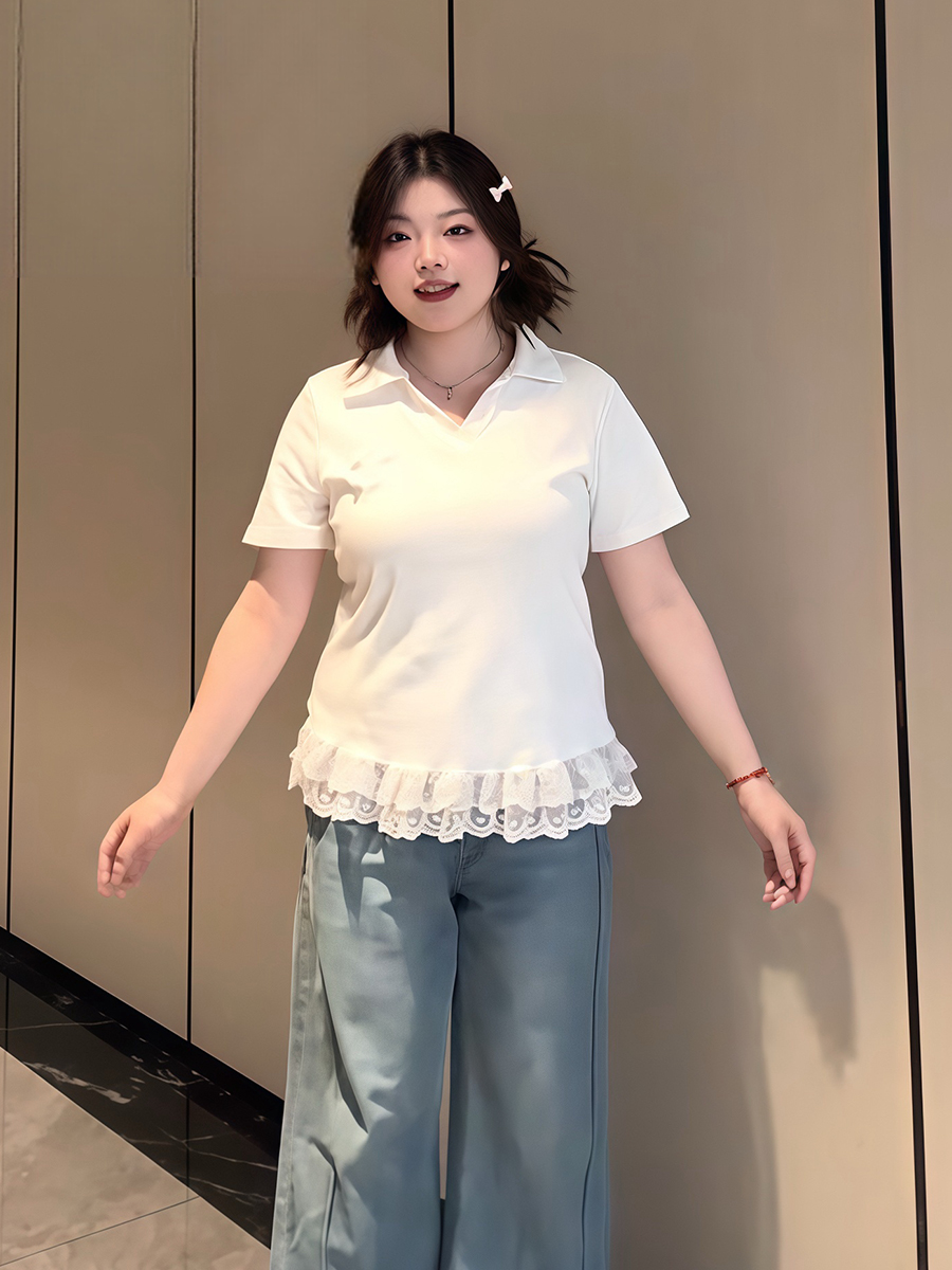 Plus-Size Women's Lace Patchwork Bow Short-Sleeve T-Shirt - Summer Sweet Slimming Lapel Top for Curvy Girls Plus-Size Women's Lace Patchwork Bow Short-Sleeve T-Shirt - Summer Sweet Slimming Lapel Top for Curvy Girls