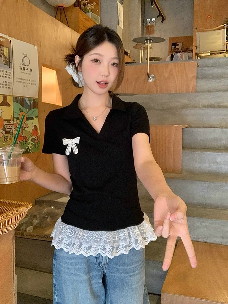 Plus-Size Women's Lace Patchwork Bow Short-Sleeve T-Shirt - Summer Sweet Slimming Lapel Top for Curvy Girls Plus-Size Women's Lace Patchwork Bow Short-Sleeve T-Shirt - Summer Sweet Slimming Lapel Top for Curvy Girls