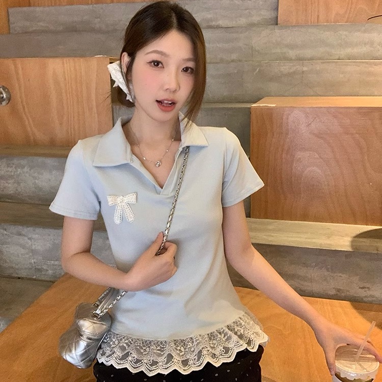 Plus-Size Women's Lace Patchwork Bow Short-Sleeve T-Shirt - Summer Sweet Slimming Lapel Top for Curvy Girls Plus-Size Women's Lace Patchwork Bow Short-Sleeve T-Shirt - Summer Sweet Slimming Lapel Top for Curvy Girls