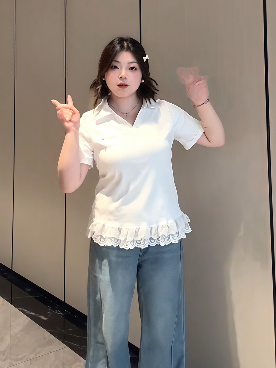 Plus-Size Women's Lace Patchwork Bow Short-Sleeve T-Shirt - Summer Sweet Slimming Lapel Top for Curvy Girls Plus-Size Women's Lace Patchwork Bow Short-Sleeve T-Shirt - Summer Sweet Slimming Lapel Top for Curvy Girls