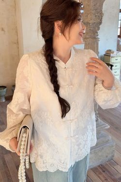 Plus Size Women's Long Sleeve Button-Up Shirt, High-End Embroidered Chinese Style, Flattering Curvy Fit, Elegant Temperament Top