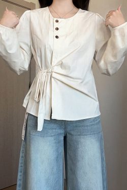 Plus-Size Women's Long Sleeve Shirt - French Design, Irregular Waist, Flattering Spring Top for Curvy Figures, Chic Fashion.