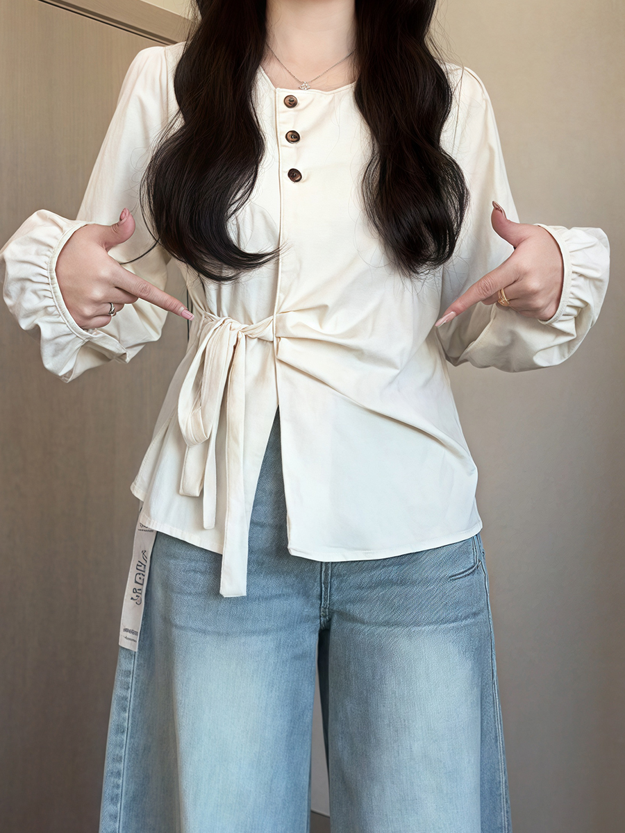 Plus-Size Women's Long Sleeve Shirt - French Design, Irregular Waist, Flattering Spring Top for Curvy Figures, Chic Fashion. Plus-Size Women's Long Sleeve Shirt - French Design, Irregular Waist, Flattering Spring Top for Curvy Figures, Chic Fashion.