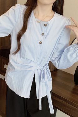 Plus-Size Women's Long Sleeve Shirt - French Design, Irregular Waist, Flattering Spring Top for Curvy Figures, Chic Fashion.