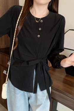 Plus-Size Women's Long Sleeve Shirt - French Design, Irregular Waist, Flattering Spring Top for Curvy Figures, Chic Fashion.