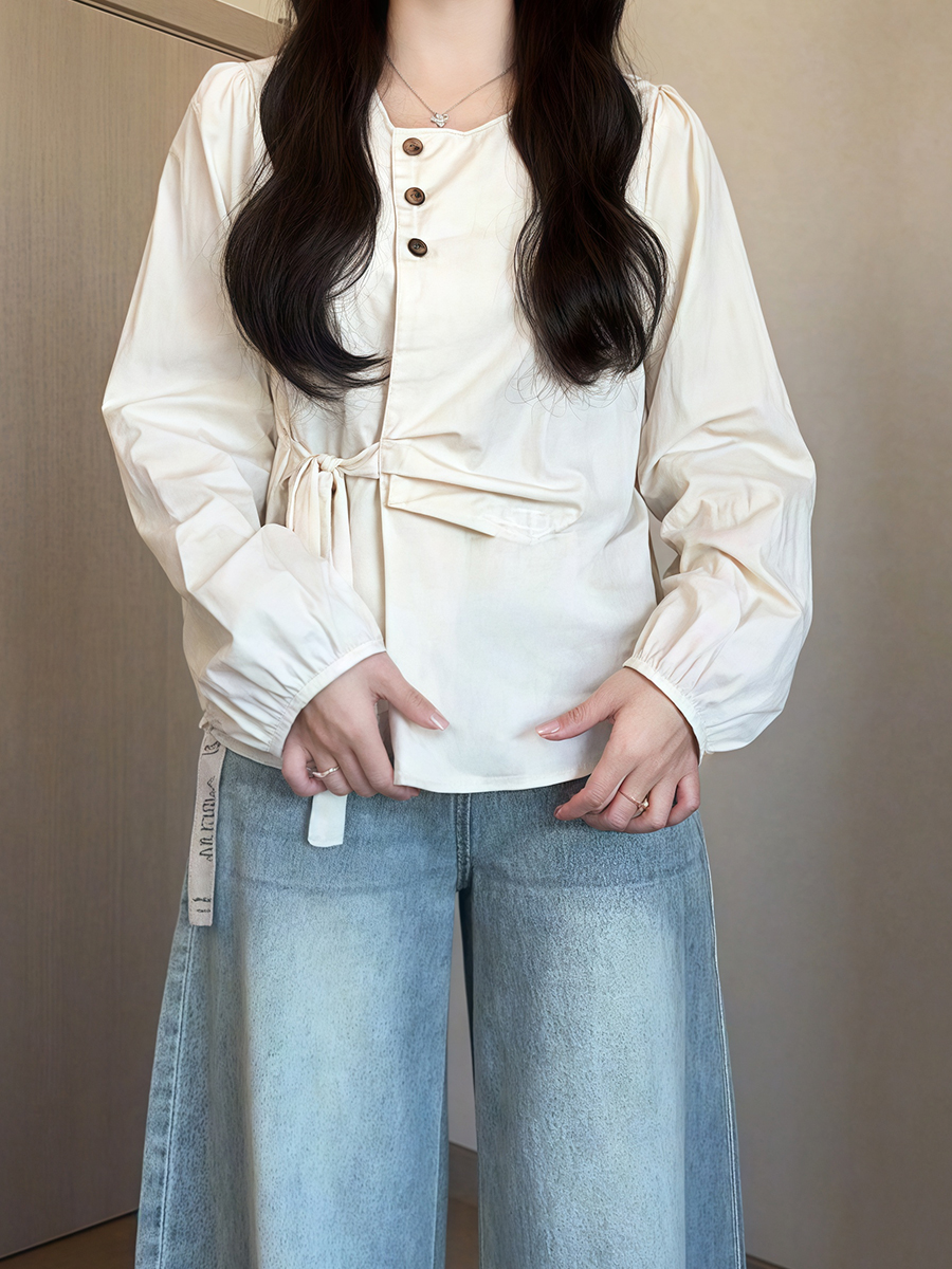 Plus-Size Women's Long Sleeve Shirt - French Design, Irregular Waist, Flattering Spring Top for Curvy Figures, Chic Fashion. Plus-Size Women's Long Sleeve Shirt - French Design, Irregular Waist, Flattering Spring Top for Curvy Figures, Chic Fashion.