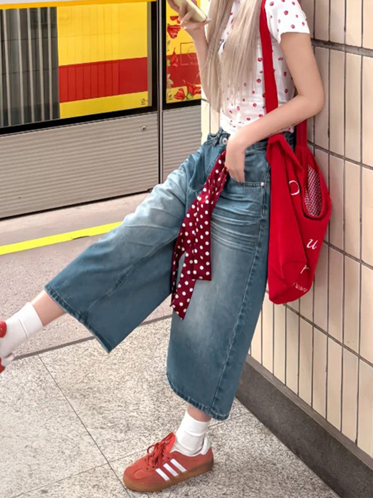 Plus Size Women's Loose Wide-Leg Denim Capri Pants - Summer 2025 American Style Shorts Plus Size Women's Loose Wide-Leg Denim Capri Pants - Summer 2025 American Style Shorts