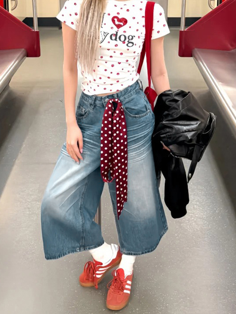 Plus Size Women's Loose Wide-Leg Denim Capri Pants - Summer 2025 American Style Shorts Plus Size Women's Loose Wide-Leg Denim Capri Pants - Summer 2025 American Style Shorts