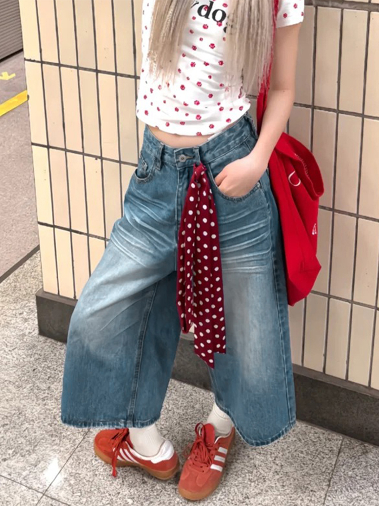 Plus Size Women's Loose Wide-Leg Denim Capri Pants - Summer 2025 American Style Shorts Plus Size Women's Loose Wide-Leg Denim Capri Pants - Summer 2025 American Style Shorts