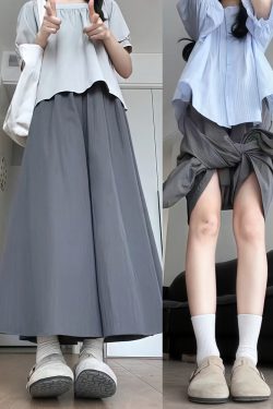 Plus Size Women's Loose Wide-Leg Skirt Pants with Elastic Waist - Summer 2025 Gray Fashionable Y2K Style