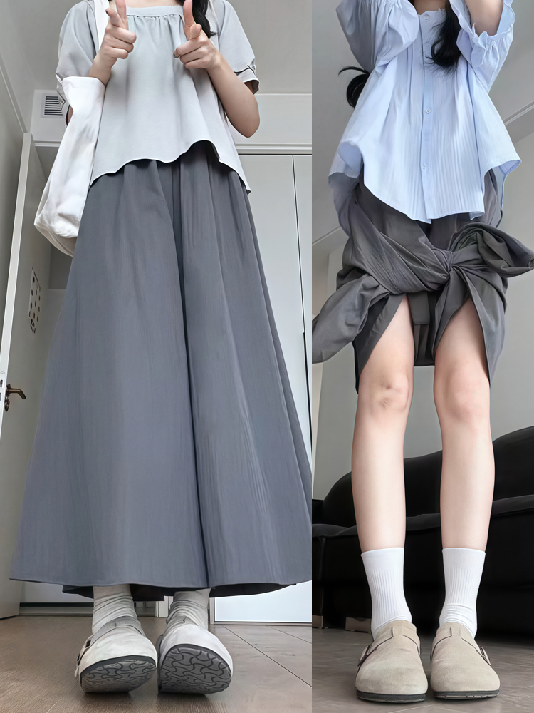 Plus Size Women's Loose Wide-Leg Skirt Pants with Elastic Waist - Summer 2025 Gray Fashionable Y2K Style Plus Size Women's Loose Wide-Leg Skirt Pants with Elastic Waist - Summer 2025 Gray Fashionable Y2K Style