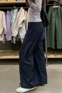 Plus Size Women's Navy Blue Quick-Dry Wide-Leg High-Waisted Cargo Pants - Loose Fit Summer Style