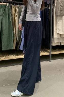 Plus Size Women's Navy Blue Quick-Dry Wide-Leg High-Waisted Cargo Pants - Loose Fit Summer Style