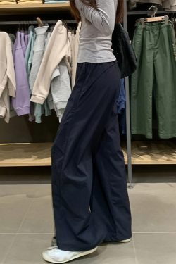 Plus Size Women's Navy Blue Quick-Dry Wide-Leg High-Waisted Cargo Pants - Loose Fit Summer Style