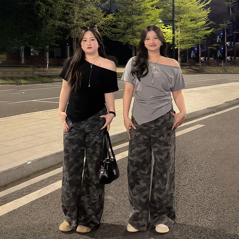 Plus Size Women's Off-Shoulder Short Sleeve T-Shirt - Summer Slimming Irregular Top, Tummy-Covering, Waist-Cinching Style Plus Size Women's Off-Shoulder Short Sleeve T-Shirt - Summer Slimming Irregular Top, Tummy-Covering, Waist-Cinching Style