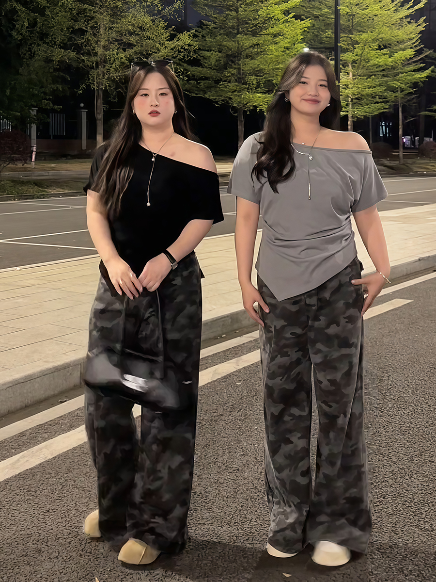 Plus Size Women's Off-Shoulder Short Sleeve T-Shirt - Summer Slimming Irregular Top, Tummy-Covering, Waist-Cinching Style Plus Size Women's Off-Shoulder Short Sleeve T-Shirt - Summer Slimming Irregular Top, Tummy-Covering, Waist-Cinching Style