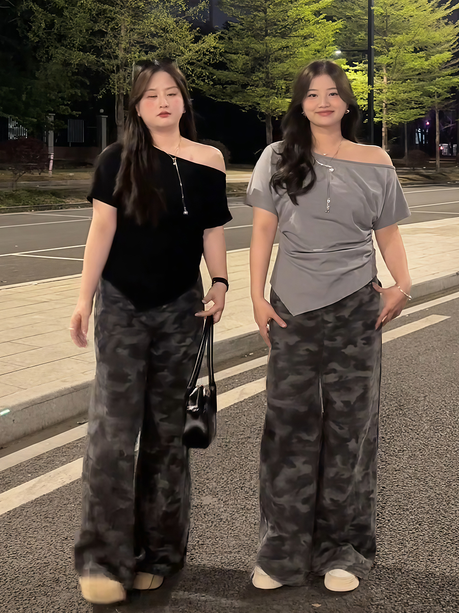 Plus Size Women's Off-Shoulder Short Sleeve T-Shirt - Summer Slimming Irregular Top, Tummy-Covering, Waist-Cinching Style Plus Size Women's Off-Shoulder Short Sleeve T-Shirt - Summer Slimming Irregular Top, Tummy-Covering, Waist-Cinching Style