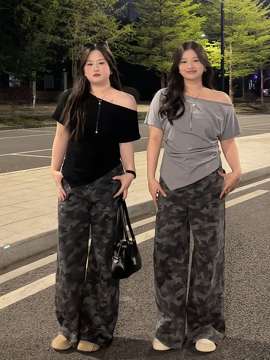 Plus Size Women's Off-Shoulder Short Sleeve T-Shirt - Summer Slimming Irregular Top, Tummy-Covering, Waist-Cinching Style Plus Size Women's Off-Shoulder Short Sleeve T-Shirt - Summer Slimming Irregular Top, Tummy-Covering, Waist-Cinching Style