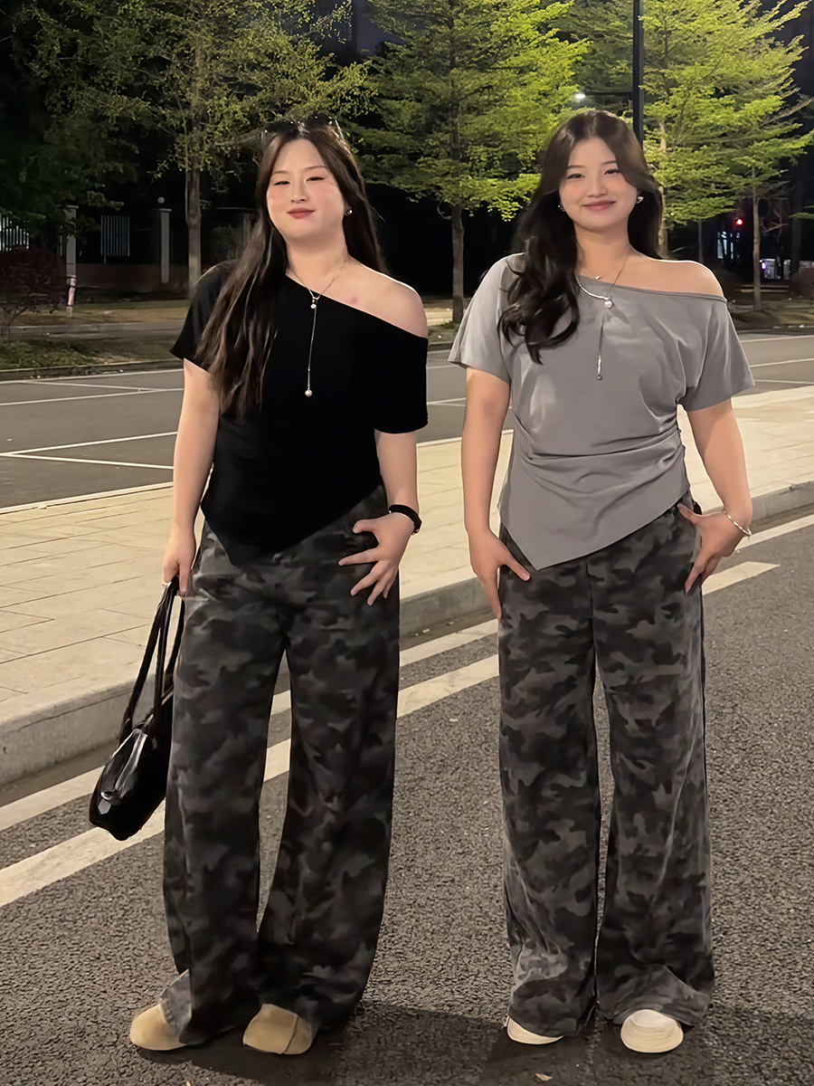 Plus Size Women's Off-Shoulder Short Sleeve T-Shirt - Summer Slimming Irregular Top, Tummy-Covering, Waist-Cinching Style Plus Size Women's Off-Shoulder Short Sleeve T-Shirt - Summer Slimming Irregular Top, Tummy-Covering, Waist-Cinching Style