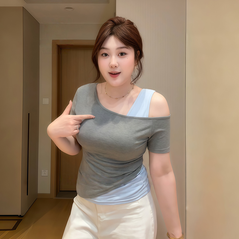 Plus-Size Women's Off-Shoulder Short Sleeve T-Shirt, Slim Fit Faux Two-Piece Top, Summer Fashion for Curvy Women, Trendy Style Plus-Size Women's Off-Shoulder Short Sleeve T-Shirt, Slim Fit Faux Two-Piece Top, Summer Fashion for Curvy Women, Trendy Style