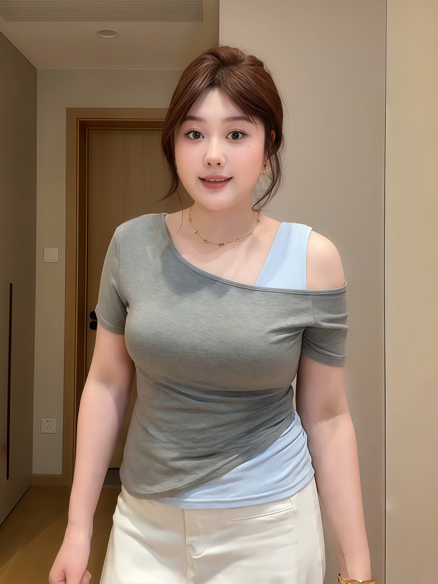 Plus-Size Women's Off-Shoulder Short Sleeve T-Shirt, Slim Fit Faux Two-Piece Top, Summer Fashion for Curvy Women, Trendy Style Plus-Size Women's Off-Shoulder Short Sleeve T-Shirt, Slim Fit Faux Two-Piece Top, Summer Fashion for Curvy Women, Trendy Style