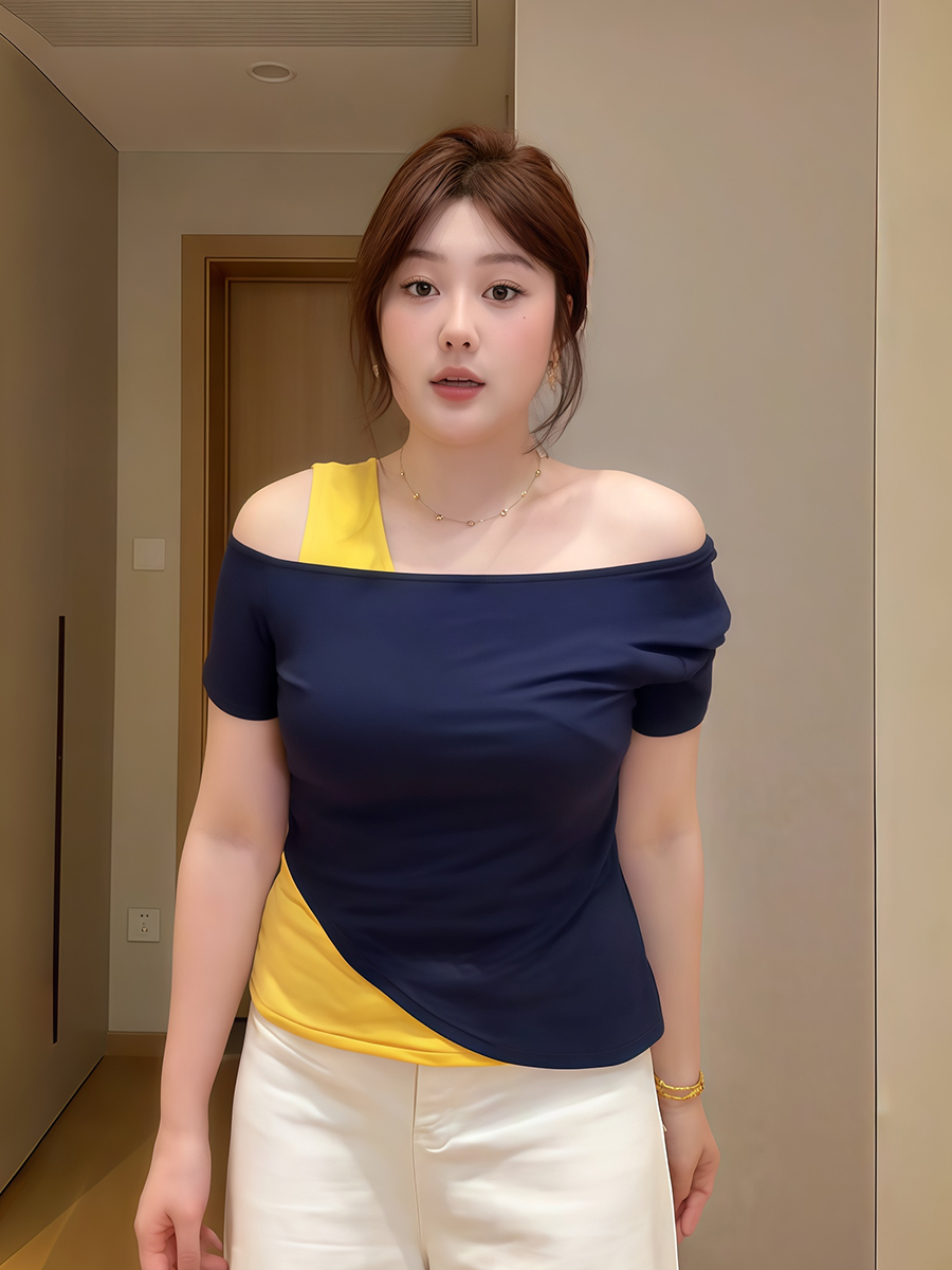 Plus-Size Women's Off-Shoulder Short Sleeve T-Shirt, Slim Fit Faux Two-Piece Top, Summer Fashion for Curvy Women, Trendy Style Plus-Size Women's Off-Shoulder Short Sleeve T-Shirt, Slim Fit Faux Two-Piece Top, Summer Fashion for Curvy Women, Trendy Style