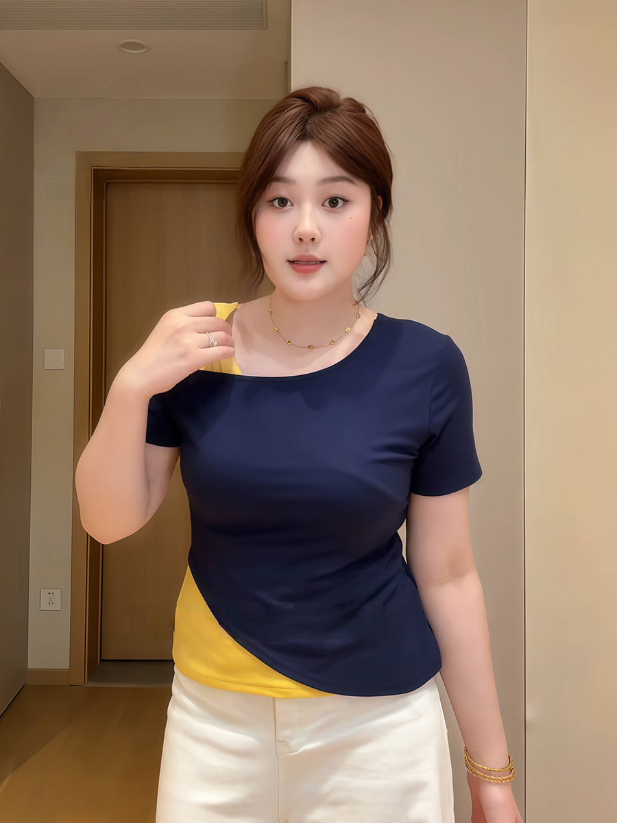 Plus-Size Women's Off-Shoulder Short Sleeve T-Shirt, Slim Fit Faux Two-Piece Top, Summer Fashion for Curvy Women, Trendy Style Plus-Size Women's Off-Shoulder Short Sleeve T-Shirt, Slim Fit Faux Two-Piece Top, Summer Fashion for Curvy Women, Trendy Style